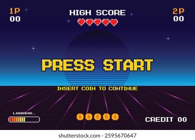 PRESS START. INSERT A COIN TO CONTINUE. pixel art. 8 bit game. Retro Futurism Sci-Fi Background. glowing neon grid. and stars from vintage arcade computer games