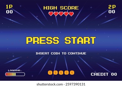 PRESS START. INSERT A COIN TO CONTINUE. pixel art. 8 bit game. Retro Futurism Sci-Fi Background. glowing neon grid. and stars from vintage arcade computer games