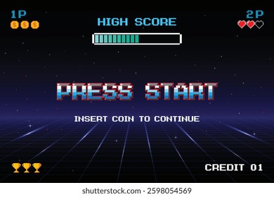 PRESS START. INSERT A COIN TO CONTINUE. pixel art. 8 bit game. Retro Futurism Sci-Fi Background. glowing neon grid. and stars from vintage arcade computer games