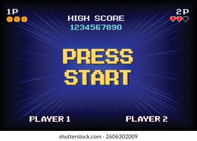 PRESS START. INSERT A COIN TO CONTINUE. pixel art .8 bit game. retro game. for game assets .Retro Futurism Sci-Fi Background. glowing neon grid. and stars from vintage arcade computer games