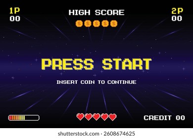 PRESS START INSERT A COIN TO CONTINUE .pixel art .8 bit game. retro game. for game assets .Retro Futurism Sci-Fi Background. glowing neon grid. and stars from vintage arcade computer games