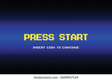 PRESS START INSERT A COIN TO CONTINUE. pixel art .8 bit game. retro game. for game assets. Retro Futurism Sci-Fi Background. glowing neon grid. and stars from vintage arcade computer games