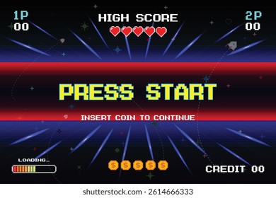PRESS START INSERT A COIN TO CONTINUE. pixel art .8 bit game. Retro Futurism Sci-Fi Background. glowing neon grid. and stars from vintage arcade computer games