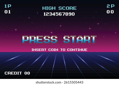 PRESS START INSERT A COIN TO CONTINUE. pixel art .8 bit game. Retro Futurism Sci-Fi Background. glowing neon grid. and stars from vintage arcade computer games