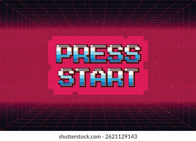 PRESS START. INSERT A COIN TO CONTINUE. pixel art .8 bit game. retro game. for game assets. Retro Futurism Sci-Fi Background. glowing neon grid. and stars from vintage arcade computer games