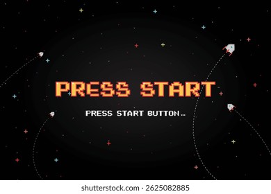 PRESSIONE INSERIR INICIAR UMA MOEDA PARA CONTINUAR. pixel art jogo .8 bits. jogo retro. para recursos do jogo. Futurismo retrô Sci-Fi fundo. grade de néon brilhante. e estrelas de vintage arcade jogos de computador