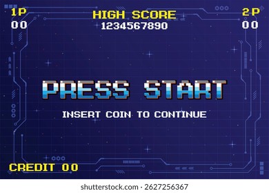 PRESS START INSERT A COIN TO CONTINUE. pixel art .8 bit game. retro game. for game assets. Retro Futurism Sci-Fi Background. glowing neon grid. and stars from vintage arcade computer games