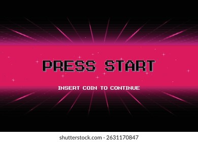 PRESS START INSERT A COIN TO CONTINUE .pixel art .8 bit game. retro game. for game assets .Retro Futurism Sci-Fi Background. glowing neon grid. and stars from vintage arcade computer games