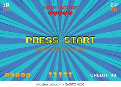 PRESS START. INSERT A COIN TO CONTINUE. pixel art .8 bit game. retro game. for game assets in vector illustrations.