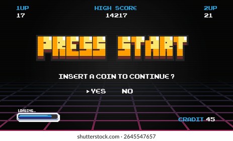 PRESS START INSERT A COIN TO CONTINUE .pixel art .8 bit game.retro game. 