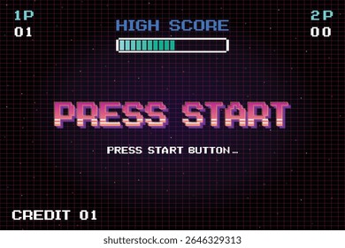 PRESS START INSERT A COIN TO CONTINUE .pixel art .8 bit game. retro game. for game assets .Retro Futurism Sci-Fi Background. glowing neon grid. and stars from vintage arcade computer games