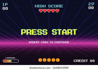PRESS START INSERT A COIN TO CONTINUE. pixel art .8 bit game. retro game. for game assets. Retro Futurism Sci-Fi Background. glowing neon grid and stars from vintage arcade computer games