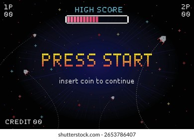 PRESSIONE INICIAR. insira moeda para continuar. pixel art. jogo de 8 bits. jogo retro. para recursos de jogo. Retro Futurism Sci-Fi Background. grade de néon brilhante. e estrelas de jogos de computador arcade vintage