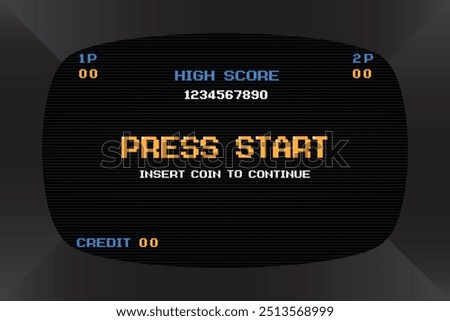 PRESS START INSERT A COIN TO CONTINUE .pixel art .8 bit game. retro game. for game assets in vector illustrations. Retro Futurism Sci-Fi Background. glowing neon grid. and stars from vintage arcade