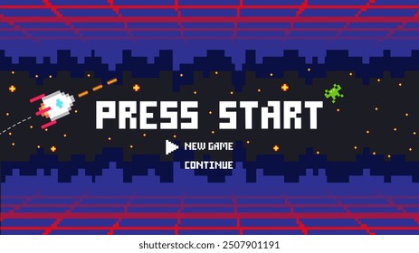 PRESS START INSERT ,NEW GAME,CONTINUE .pixel art .8 bit game.retro game. for game assets in vector illustrations.Retro Futurism Sci-Fi Background. glowing neon grid.and stars from vintage arcade comp	
