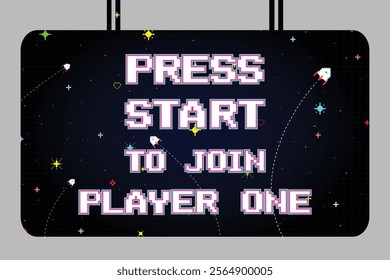 Press start to join player one. pixel art .8 bit game. retro game. for game assets. Retro Futurism Sci-Fi Background. glowing neon grid. and stars from vintage arcade computer games