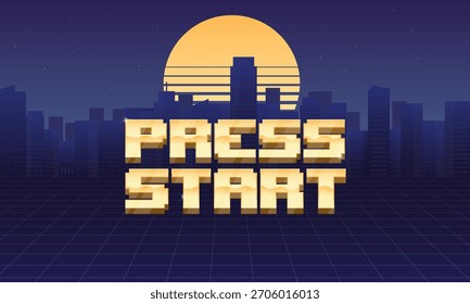 Logotipo de inicio de Prensa, signo. Fondo futurista retro con paisaje urbano, rejilla láser. Fondo de juego retro. Ilustración vectorial
