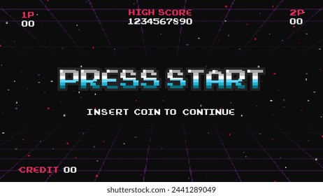 Press start on Pixel art background.8 bit game.retro game. for game assets in vector illustrations.Retro Futurism Sci-Fi Background. glowing neon grid.and stars from vintage arcade comp	