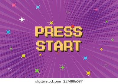 PRESS START on purple background. pixel art. 8 bit game. retro game. for game assets in vector illustrations. Speed lines. Pop art