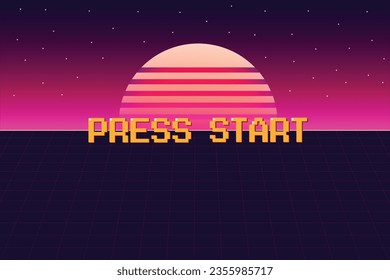 PRESS START. pixel art .8 bit game. retro game. for game assets in vector illustrations. Retro Futurism Sci-Fi Background. glowing neon grid and star  from vintage arcade computer games