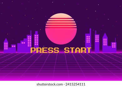PRESS START. pixel art .8 bit game. retro game. for game assets in vector illustrations. Retro Futurism Sci-Fi Background. glowing neon grid and star from vintage arcade computer games