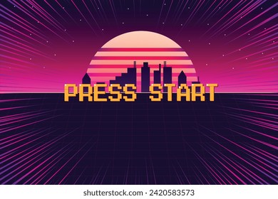 PRESS START. pixel art .8 bit game. retro game. for game assets in vector illustrations. Retro Futurism Sci-Fi Background. glowing neon grid and star from vintage arcade computer games