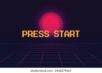 PRESS START. pixel art .8 bit game. retro game. for game assets in vector illustrations. Retro Futurism Sci-Fi Background. glowing neon grid and star from vintage arcade computer games