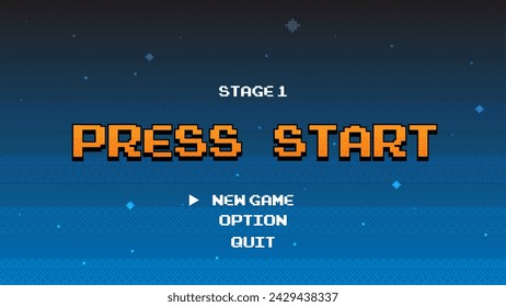 PRESS START .pixel art .8 bit game.retro game. for game assets in vector illustrations.Retro Futurism Sci-Fi Background. glowing neon grid.and stars from vintage arcade comp