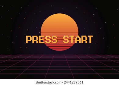 PRESIONE INICIO. pixel art juego .8 bit. juego retro. para activos de juego en ilustraciones vectoriales. Fondo de ciencia ficción de futurismo retro. brillante cuadrícula de neón y estrella de juegos de computadora arcade vintage