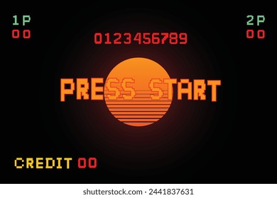 PRESS START. pixel art .8 bit game. retro game. for game assets in vector illustrations. Retro Futurism Sci-Fi Background. glowing neon grid and star from vintage arcade computer
