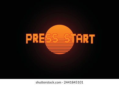 PRESSE START. Pixel Art .8 Bit Spiel. Retro Spiel. für Spiel Assets in Vektor-Illustrationen. Retro Futurismus Sci-Fi Hintergrund. Glühendes Neongitter und Stern aus Vintage Arcade Computer