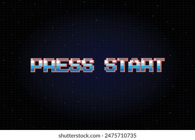 PRENSA START . pixel art .8 bit juego. juego retro. para activos del juego .Retro Futurism Sci-Fi Fondo. brillante cuadrícula de neón. y estrellas de vintage juegos de computadora arcade
