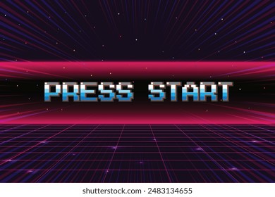 PRESS START. pixel art .8 bit game. retro game. for game assets .Retro Futurism Sci-Fi Background. glowing neon grid. and stars from vintage arcade computer games