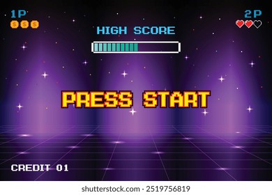 PRENSA START. pixel art. juego de 8 bits. juego retro. para activos de juego. Futurismo retro Sci-Fi Fondo. rejilla de neón púrpura brillante. y estrellas de juegos de computadora arcade vintage