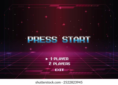 PRENSA Video START. pixel art. juego de 8 bits. juego retro. para activos de juego. Retro Futurismo Sci-Fi Fondo. brillante red de neón y estrella de juegos de ordenador arcade vintage