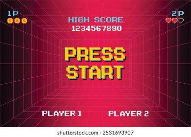 PRENSA START. pixel art. juego de 8 bits. juego retro. para activos de juego. Futurismo retro Sci-Fi Fondo. rejilla de neón brillante. y estrellas de juegos de computadora arcade vintage