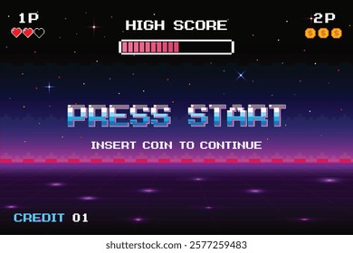 PRESS START. pixel art .8 bit game. Retro Futurism Sci-Fi Background. glowing neon grid. and stars from vintage arcade computer games