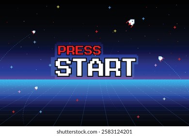 PRESS START. pixel art .8 bit game. retro game. for game assets. Retro Futurism Sci-Fi Background. glowing neon grid. and stars from vintage arcade computer games