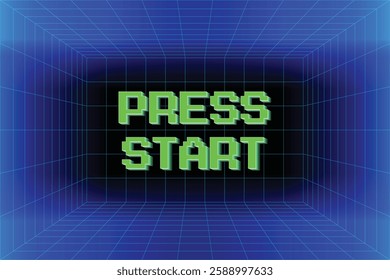 PRESS START. pixel art .8 bit game. retro game. for game assets .Retro Futurism Sci-Fi Background. glowing neon grid. and stars from vintage arcade computer games