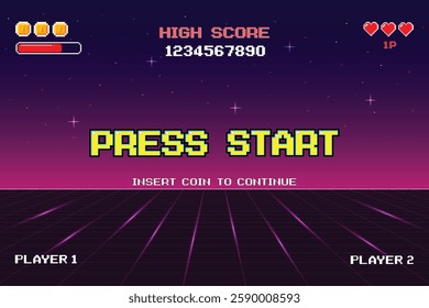 PRESS START. pixel art .8 bit game. retro game. for game assets .Retro Futurism Sci-Fi Background. glowing neon grid. and stars from vintage arcade computer games