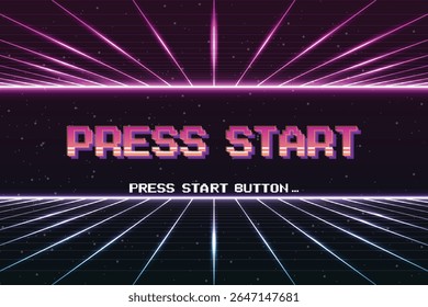 PRESSIONE INICIAR. pixel art .8 bit game. jogo retro. para recursos de jogo .Retro Futurismo Sci-Fi Background. grade de néon brilhante. e estrelas de vintage arcade jogos de computador