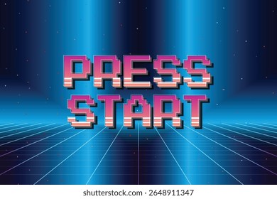 PRESSIONE INICIAR. pixel art .8 bit game. jogo retro. para recursos de jogo .Retro Futurismo Sci-Fi Background. grade de néon brilhante. e estrelas de vintage arcade jogos de computador