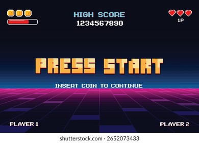 PRESS START. pixel art. 8 bit game. retro game. for game assets .Retro Futurism Sci-Fi Background. glowing neon grid. and stars from vintage arcade computer games
