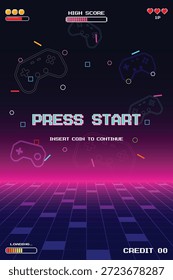PRENSA START. pixel art 8 bit. Retro Futurismo Sci-Fi Fondo. brillante neón grid. y estrellas de juegos de ordenador arcade vintage. Fondos de Vertical