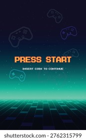 PRESS START. pixel art 8 bit. Retro Futurism Sci-Fi Background. glowing neon grid. and stars from vintage arcade computer games. Vertical Backgrounds