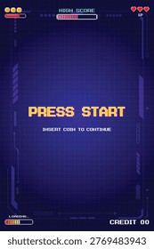 PRESS START. pixel art 8 bit. Retro Futurism Sci-Fi Background. glowing neon grid. and stars from vintage arcade computer games. Vertical Backgrounds