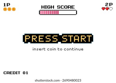Press Start, Pixel art, 8-bit game for game assets in vector illustrations on white background.	