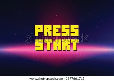 Press start, pixel art, 8-bit game, retro futuristic sci-fi background, glowing neon grid and stars from a vintage arcade computer game.