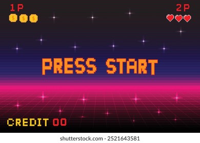 press start. Pixel art background.8 bit game. retro game. for game assets in vector illustrations. Retro Futurism Sci-Fi Background. glowing neon grid. and stars from vintagsynwap table1 start new gam