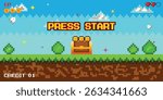 press start, players. pixel game background, natural landscape with blue sky, trees and green grass. Pixelated 8 bit video-game. Arcade interface with golden cup and stars. Computer game victory.